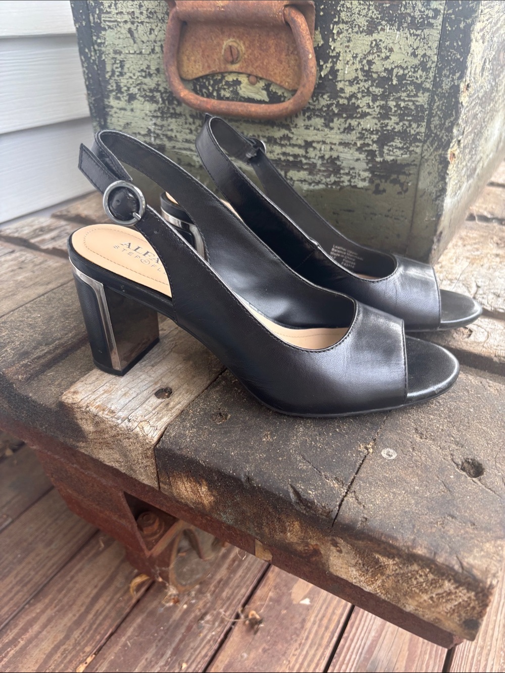 Alfani Step n Flex Black Leather Open-Toe Slingback Block Heels